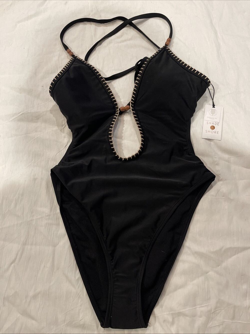 Shade & Shore One Piece Swimsuit Women's Small 4/6 BOHO Tribal Black Beads NEW